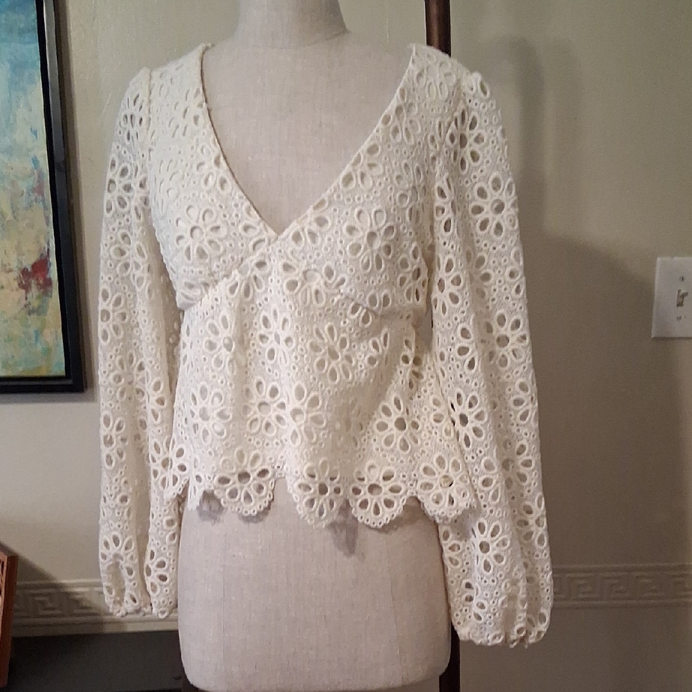 Altar'd State Ivory Floral Eyelet Wrap Blouse